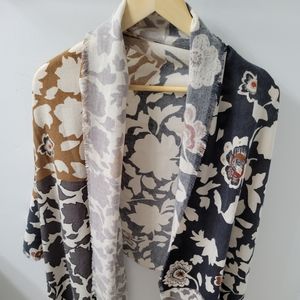 Boho Floral Print Black, Grey, Cream & Tan Embroidered Pashmina Rectangle Scarf